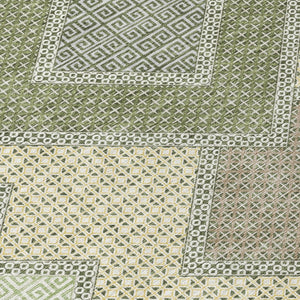 HomeRoots 5' Durable Geometric Area Rug in Green, Gray & Taupe – Stylish, Washable for Indoor & Outdoor Use 8' Round 631911