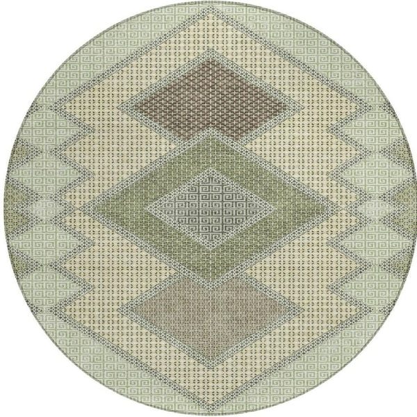 HomeRoots 5' Durable Geometric Area Rug in Green, Gray & Taupe – Stylish, Washable for Indoor & Outdoor Use 8' Round 631911