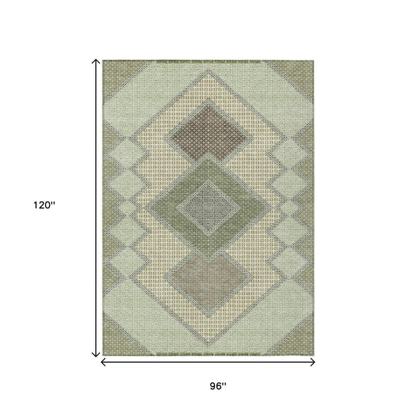 HomeRoots 5' Durable Geometric Area Rug in Green, Gray & Taupe – Stylish, Washable for Indoor & Outdoor Use 8' X 10' 631912