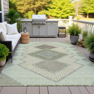 HomeRoots 5' Durable Geometric Area Rug in Green, Gray & Taupe – Stylish, Washable for Indoor & Outdoor Use 8' X 10' 631912