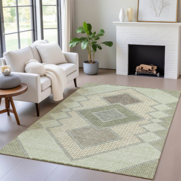 HomeRoots 5' Durable Geometric Area Rug in Green, Gray & Taupe – Stylish, Washable for Indoor & Outdoor Use 9' X 12' 631913