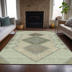 HomeRoots 5' Durable Geometric Area Rug in Green, Gray & Taupe – Stylish, Washable for Indoor & Outdoor Use 9' X 12' 631913