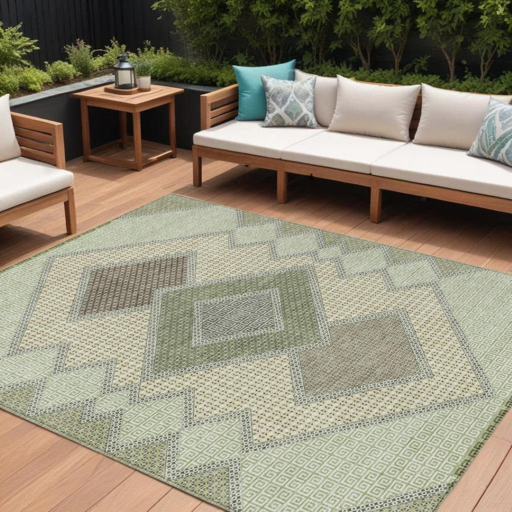 HomeRoots 10' Stylish Geometric Area Rug in Green, Gray & Taupe – Durable, Washable for Indoor/Outdoor Use! 631914