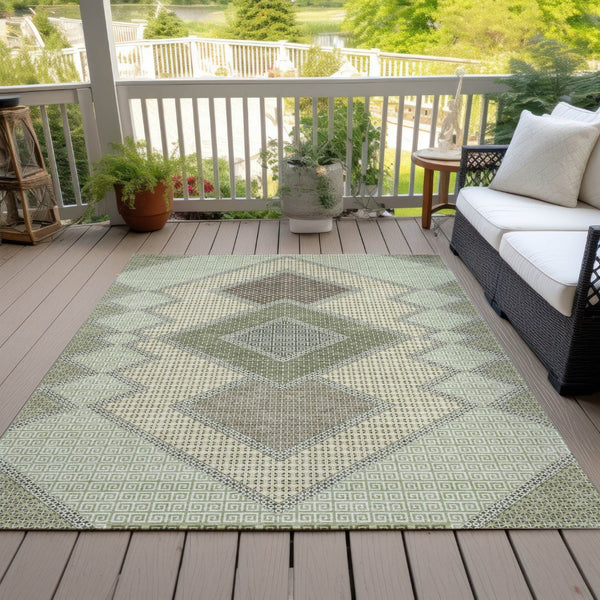 HomeRoots 10' Stylish Geometric Area Rug in Green, Gray & Taupe – Durable, Washable for Indoor/Outdoor Use! 631914