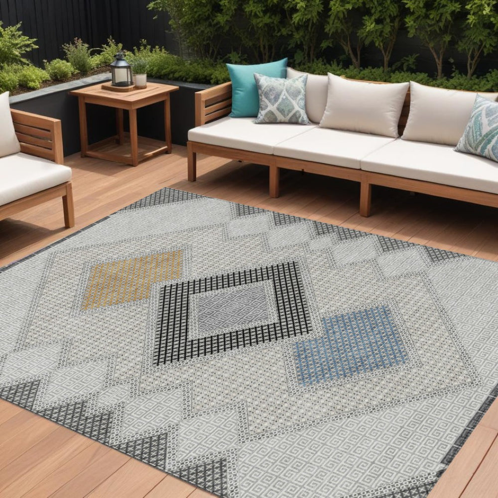 HomeRoots 5' Gray Gold Charcoal Geometric Area Rug - Stylish, Washable, Durable Indoor/Outdoor Design for Homes 10' X 14' 631920