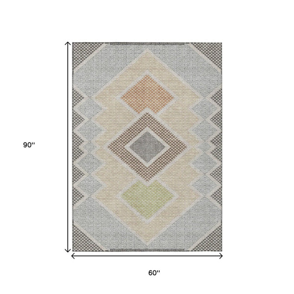 HomeRoots 5' Modern Geometric Washable Area Rug in Pewter, Copper, and Silver – Durable Indoor/Outdoor Style 5' X 8' 631922