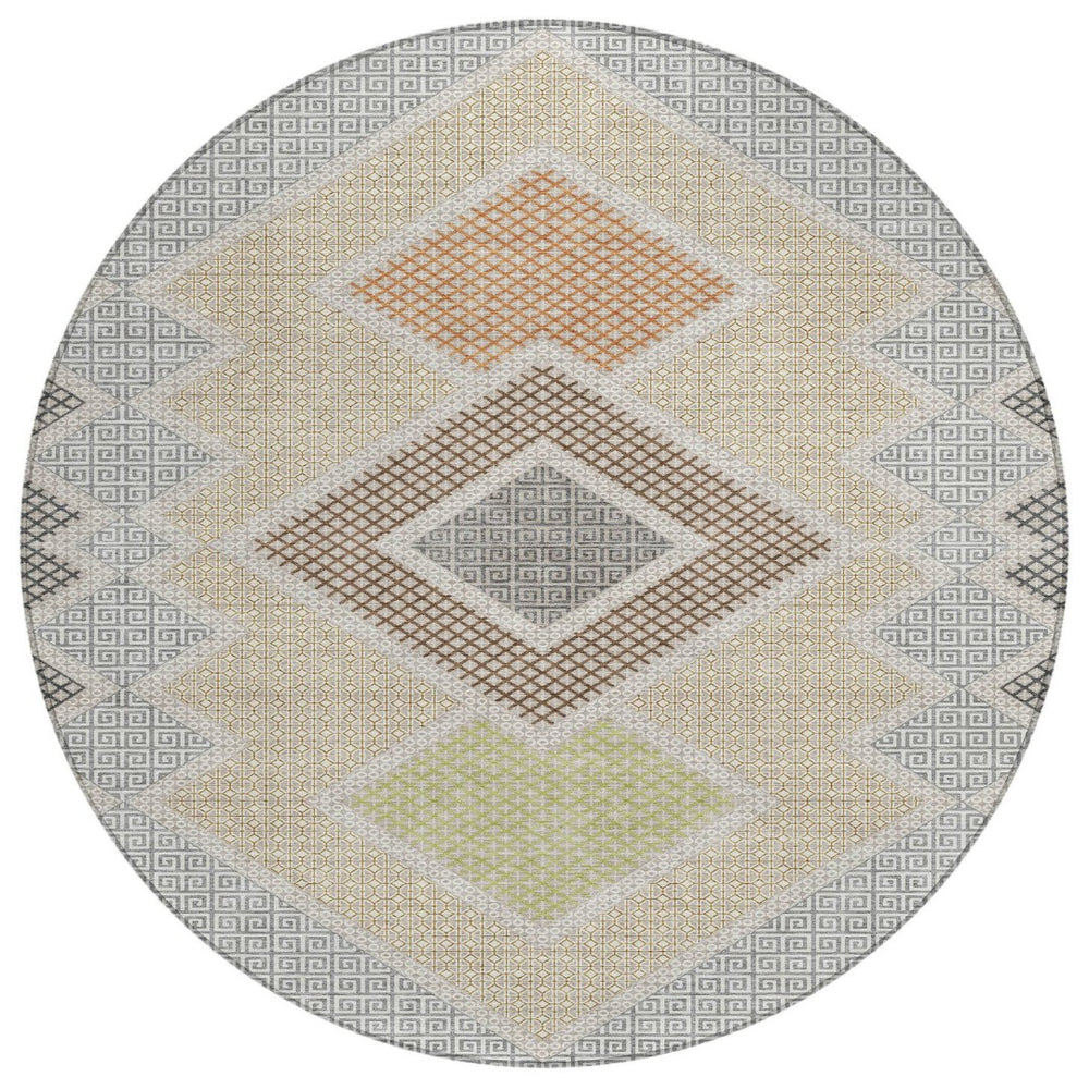 HomeRoots 5' Modern Geometric Washable Area Rug in Pewter, Copper, and Silver – Durable Indoor/Outdoor Style 8' Round 631923