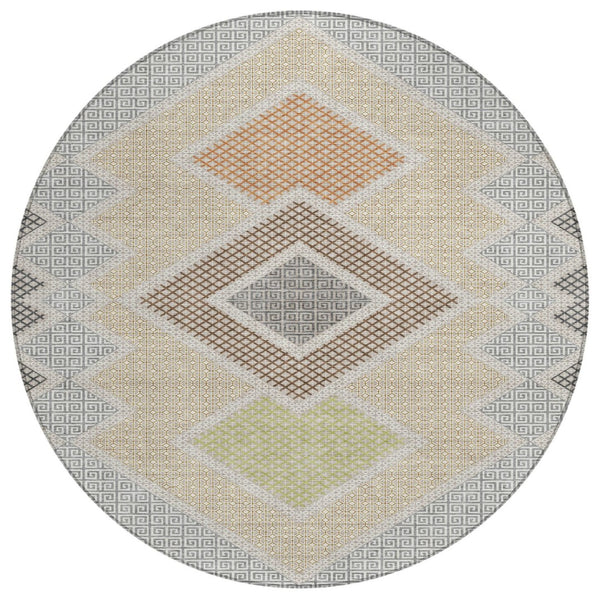 HomeRoots 5' Modern Geometric Washable Area Rug in Pewter, Copper, and Silver – Durable Indoor/Outdoor Style 8' Round 631923