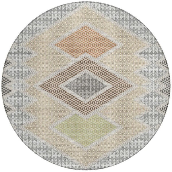 HomeRoots 5' Modern Geometric Washable Area Rug in Pewter, Copper, and Silver – Durable Indoor/Outdoor Style 8' Round 631923