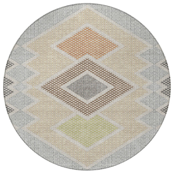 HomeRoots 5' Modern Geometric Washable Area Rug in Pewter, Copper, and Silver – Durable Indoor/Outdoor Style 8' Round 631923