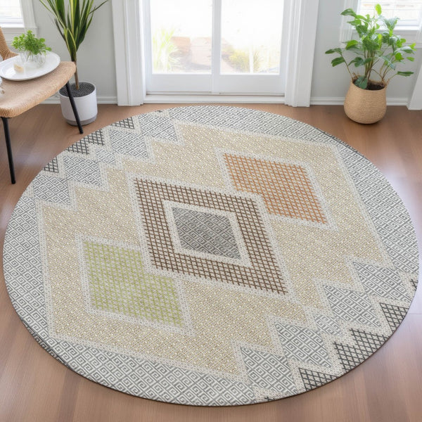 HomeRoots 5' Modern Geometric Washable Area Rug in Pewter, Copper, and Silver – Durable Indoor/Outdoor Style 8' Round 631923