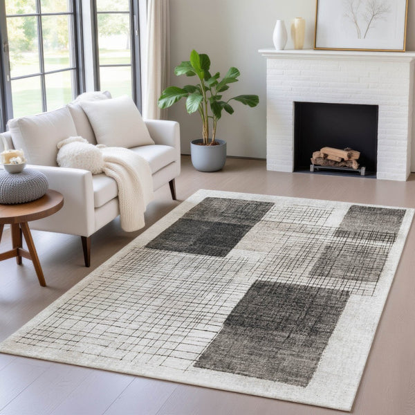 HomeRoots 5' Modern Ivory and Black Geometric Area Rug - Washable, Durable, Indoor/Outdoor, Stylish Accent 5' X 8' 631934