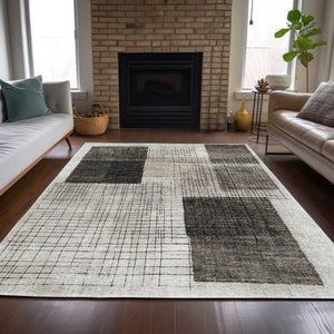 HomeRoots 5' Modern Ivory and Black Geometric Area Rug - Washable, Durable, Indoor/Outdoor, Stylish Accent 5' X 8' 631934