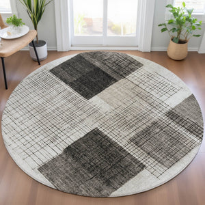 HomeRoots 5' Modern Ivory and Black Geometric Area Rug - Washable, Durable, Indoor/Outdoor, Stylish Accent 8' Round 631935