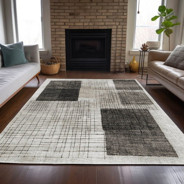 HomeRoots 5' Modern Ivory and Black Geometric Area Rug - Washable, Durable, Indoor/Outdoor, Stylish Accent 10' X 14' 631938