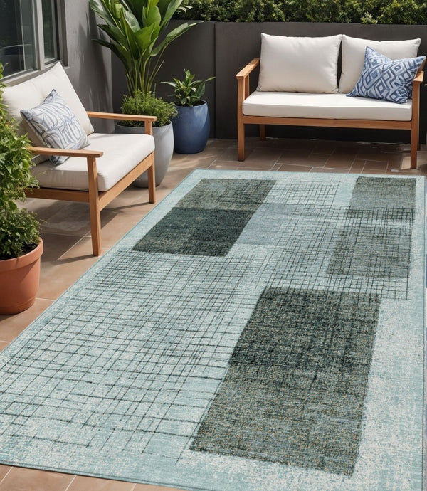 HomeRoots 5' Stylish Teal Blue and Gray Geometric Washable Area Rug for Indoor and Outdoor Spaces, Durable & Easy Care 5' X 8' 631940