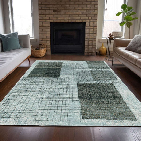 HomeRoots 5' Stylish Teal Blue and Gray Geometric Washable Area Rug for Indoor and Outdoor Spaces, Durable & Easy Care 5' X 8' 631940