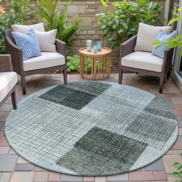 HomeRoots 5' Stylish Teal Blue and Gray Geometric Washable Area Rug for Indoor and Outdoor Spaces, Durable & Easy Care 8' Round 631941