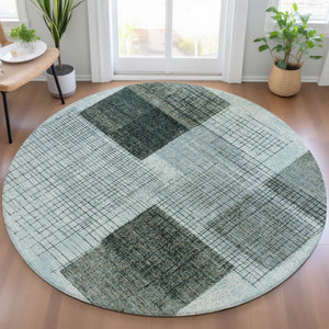 HomeRoots 5' Stylish Teal Blue and Gray Geometric Washable Area Rug for Indoor and Outdoor Spaces, Durable & Easy Care 8' Round 631941