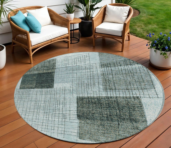 HomeRoots 5' Stylish Teal Blue and Gray Geometric Washable Area Rug for Indoor and Outdoor Spaces, Durable & Easy Care 8' Round 631941