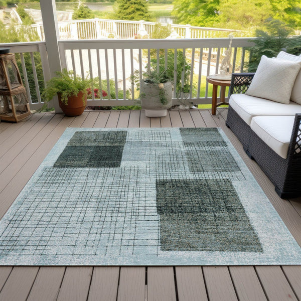 HomeRoots 5' Stylish Teal Blue and Gray Geometric Washable Area Rug for Indoor and Outdoor Spaces, Durable & Easy Care 10' X 14' 631944