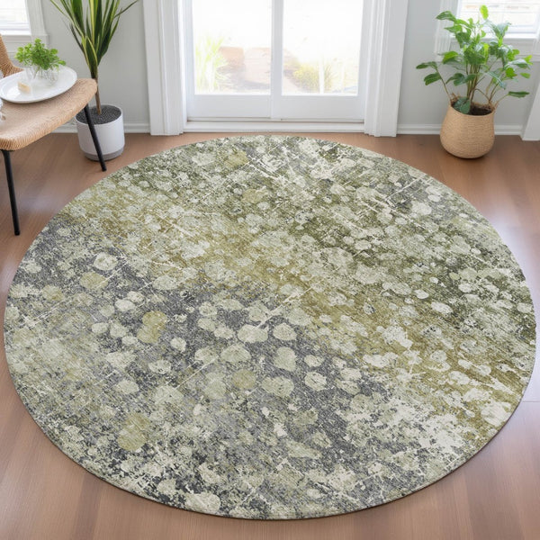 HomeRoots 5' Olive Green and Gray Abstract Area Rug - Stylish, Washable Design for Indoor and Outdoor Use 8' Round 631953