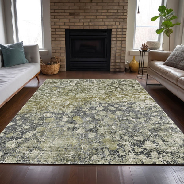 HomeRoots 5' Olive Green and Gray Abstract Area Rug - Stylish, Washable Design for Indoor and Outdoor Use 9' X 12' 631955