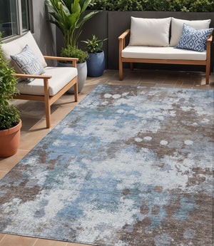 HomeRoots 5' Contemporary Abstract Brown and Sky Blue Washable Area Rug for Indoor and Outdoor Spaces 5' X 8' 631964
