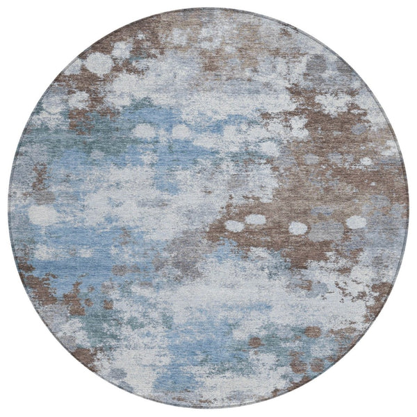 HomeRoots 5' Contemporary Abstract Brown and Sky Blue Washable Area Rug for Indoor and Outdoor Spaces 8' Round 631965