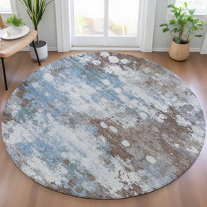 HomeRoots 5' Contemporary Abstract Brown and Sky Blue Washable Area Rug for Indoor and Outdoor Spaces 8' Round 631965