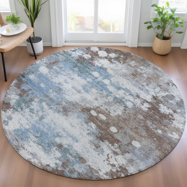 HomeRoots 5' Contemporary Abstract Brown and Sky Blue Washable Area Rug for Indoor and Outdoor Spaces 8' Round 631965