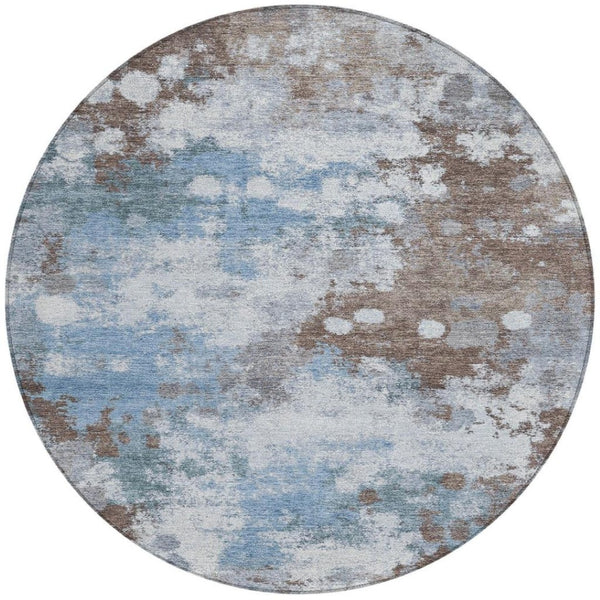 HomeRoots 5' Contemporary Abstract Brown and Sky Blue Washable Area Rug for Indoor and Outdoor Spaces 8' Round 631965