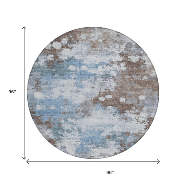 HomeRoots 5' Contemporary Abstract Brown and Sky Blue Washable Area Rug for Indoor and Outdoor Spaces 8' Round 631965