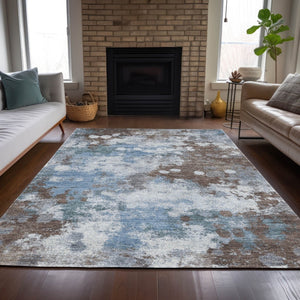 HomeRoots 5' Contemporary Abstract Brown and Sky Blue Washable Area Rug for Indoor and Outdoor Spaces 10' X 14' 631968