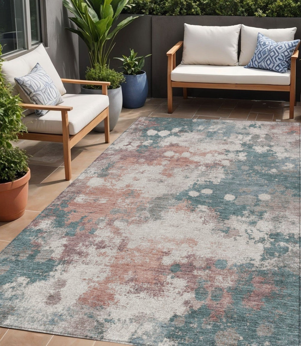 HomeRoots 5' Vibrant Coral and Teal Blue Abstract Indoor-Outdoor Area Rug – Durable, Washable, Easy Care! 5' X 8' 631970
