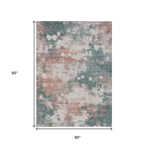 HomeRoots 5' Vibrant Coral and Teal Blue Abstract Indoor-Outdoor Area Rug – Durable, Washable, Easy Care! 5' X 8' 631970