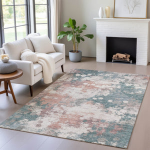 HomeRoots 5' Vibrant Coral and Teal Blue Abstract Indoor-Outdoor Area Rug – Durable, Washable, Easy Care! 5' X 8' 631970