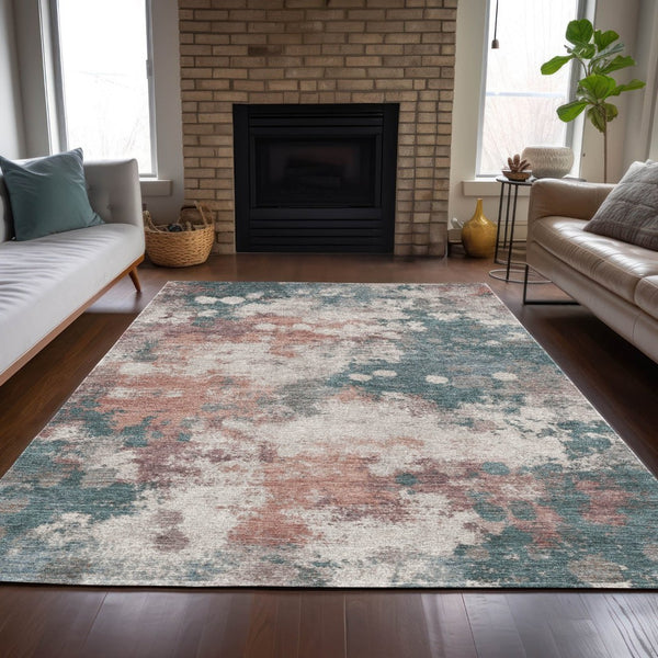 HomeRoots 5' Vibrant Coral and Teal Blue Abstract Indoor-Outdoor Area Rug – Durable, Washable, Easy Care! 5' X 8' 631970