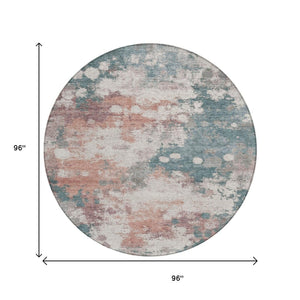 HomeRoots 5' Vibrant Coral and Teal Blue Abstract Indoor-Outdoor Area Rug – Durable, Washable, Easy Care! 8' Round 631971