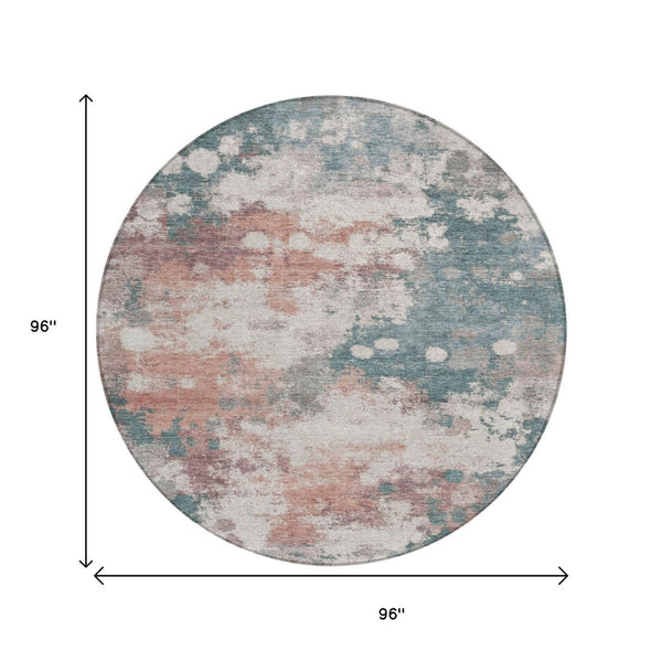 HomeRoots 5' Vibrant Coral and Teal Blue Abstract Indoor-Outdoor Area Rug – Durable, Washable, Easy Care! 8' Round 631971