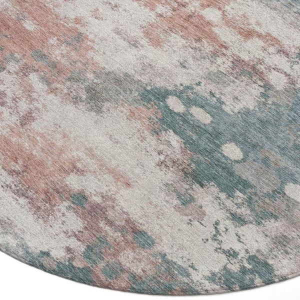 HomeRoots 5' Vibrant Coral and Teal Blue Abstract Indoor-Outdoor Area Rug – Durable, Washable, Easy Care! 8' Round 631971