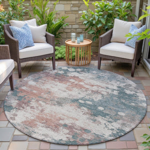HomeRoots 5' Vibrant Coral and Teal Blue Abstract Indoor-Outdoor Area Rug – Durable, Washable, Easy Care! 8' Round 631971
