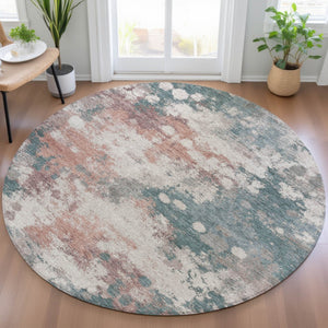 HomeRoots 5' Vibrant Coral and Teal Blue Abstract Indoor-Outdoor Area Rug – Durable, Washable, Easy Care! 8' Round 631971