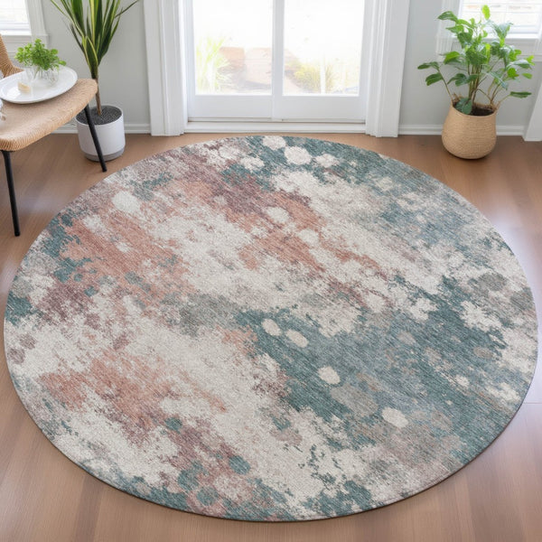 HomeRoots 5' Vibrant Coral and Teal Blue Abstract Indoor-Outdoor Area Rug – Durable, Washable, Easy Care! 8' Round 631971