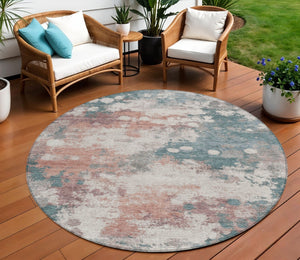 HomeRoots 5' Vibrant Coral and Teal Blue Abstract Indoor-Outdoor Area Rug – Durable, Washable, Easy Care! 8' Round 631971