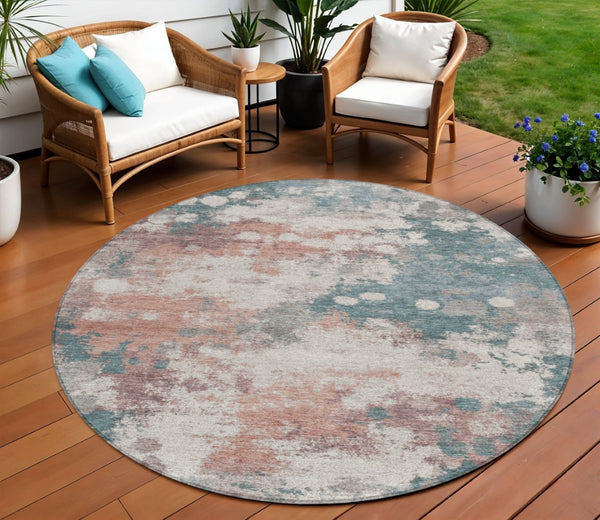 HomeRoots 5' Vibrant Coral and Teal Blue Abstract Indoor-Outdoor Area Rug – Durable, Washable, Easy Care! 8' Round 631971