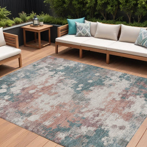 HomeRoots 5' Vibrant Coral and Teal Blue Abstract Indoor-Outdoor Area Rug – Durable, Washable, Easy Care! 9' X 12' 631973