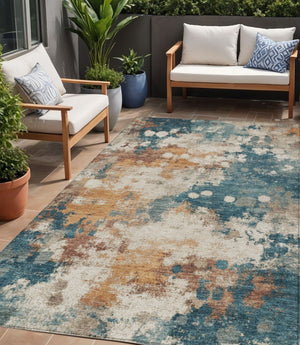 HomeRoots 5' Vibrant Teal Blue and Copper Abstract Area Rug - Stylish, Washable, Indoor/Outdoor Durable Design 5' X 8' 631976