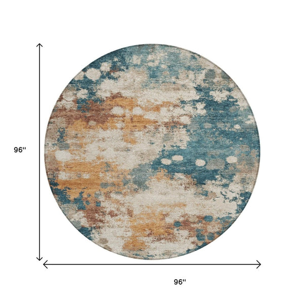 HomeRoots 5' Vibrant Teal Blue and Copper Abstract Area Rug - Stylish, Washable, Indoor/Outdoor Durable Design 8' Round 631977