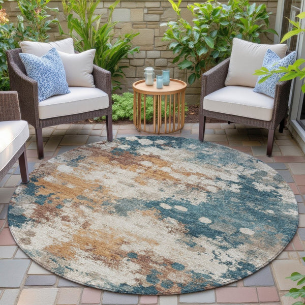 HomeRoots 5' Vibrant Teal Blue and Copper Abstract Area Rug - Stylish, Washable, Indoor/Outdoor Durable Design 8' Round 631977